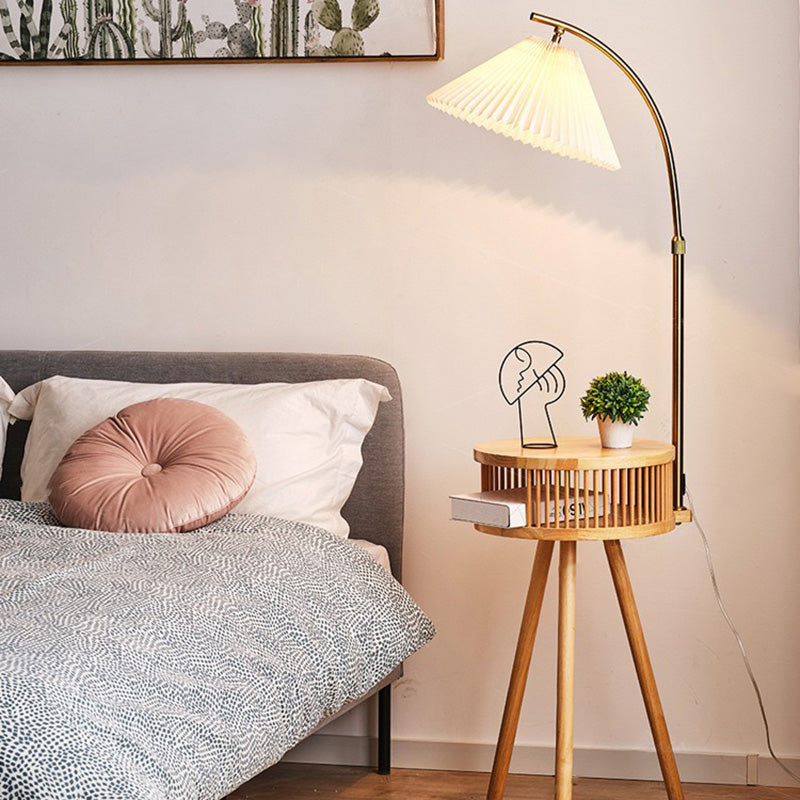 Traditional Japanese Fabric Wood Conic Pleated Round Shelf 1-Light Standing Floor Lamp For Living Room