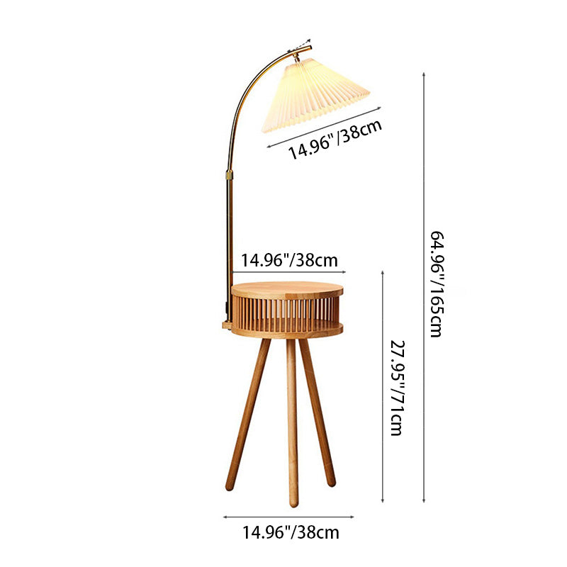 Traditional Japanese Fabric Wood Conic Pleated Round Shelf 1-Light Standing Floor Lamp For Living Room