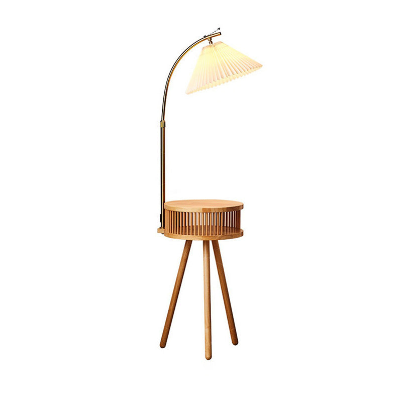 Traditional Japanese Fabric Wood Conic Pleated Round Shelf 1-Light Standing Floor Lamp For Living Room