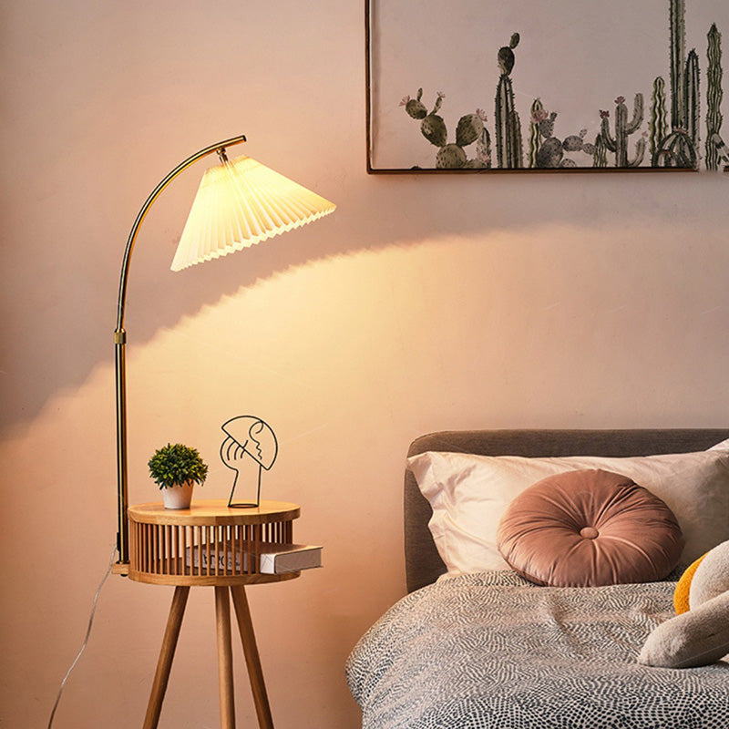 Traditional Japanese Fabric Wood Conic Pleated Round Shelf 1-Light Standing Floor Lamp For Living Room
