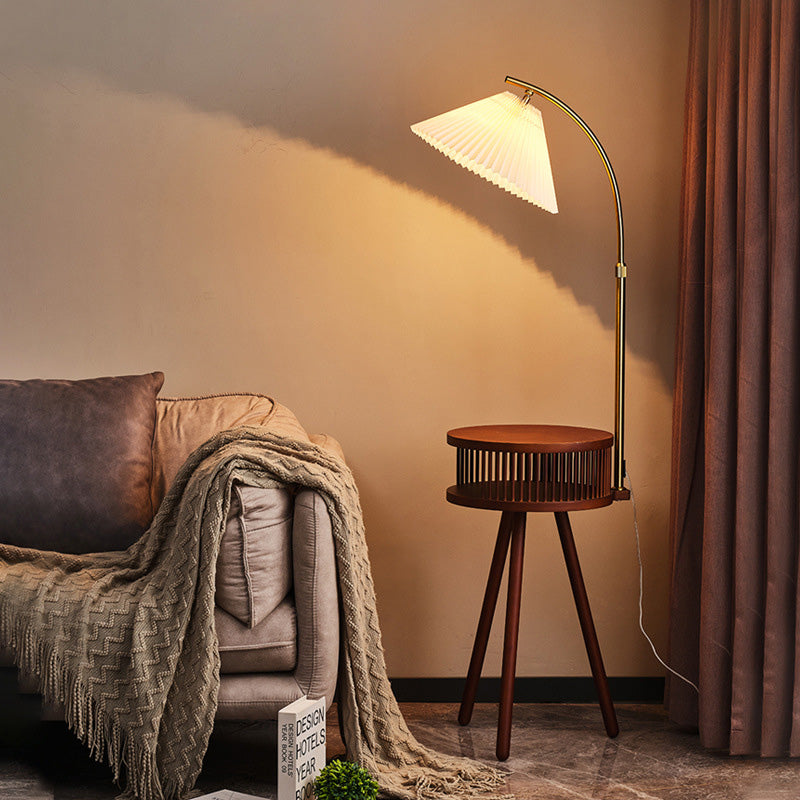 Traditional Japanese Fabric Wood Conic Pleated Round Shelf 1-Light Standing Floor Lamp For Living Room