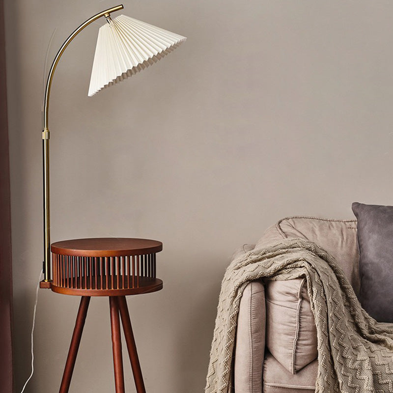 Traditional Japanese Fabric Wood Conic Pleated Round Shelf 1-Light Standing Floor Lamp For Living Room