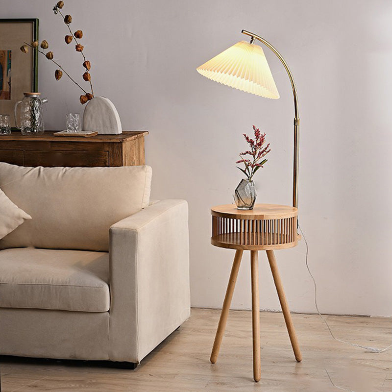 Traditional Japanese Fabric Wood Conic Pleated Round Shelf 1-Light Standing Floor Lamp For Living Room