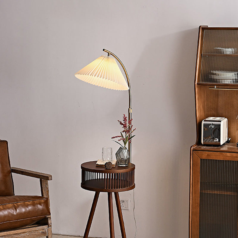 Traditional Japanese Fabric Wood Conic Pleated Round Shelf 1-Light Standing Floor Lamp For Living Room