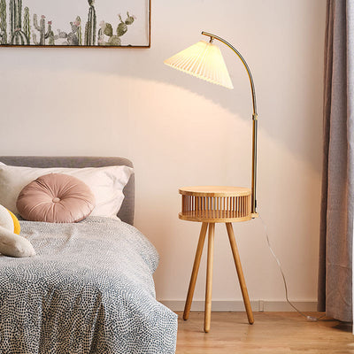 Traditional Japanese Fabric Wood Conic Pleated Round Shelf 1-Light Standing Floor Lamp For Living Room