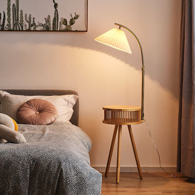 Traditional Japanese Fabric Wood Conic Pleated Round Shelf 1-Light Standing Floor Lamp For Living Room