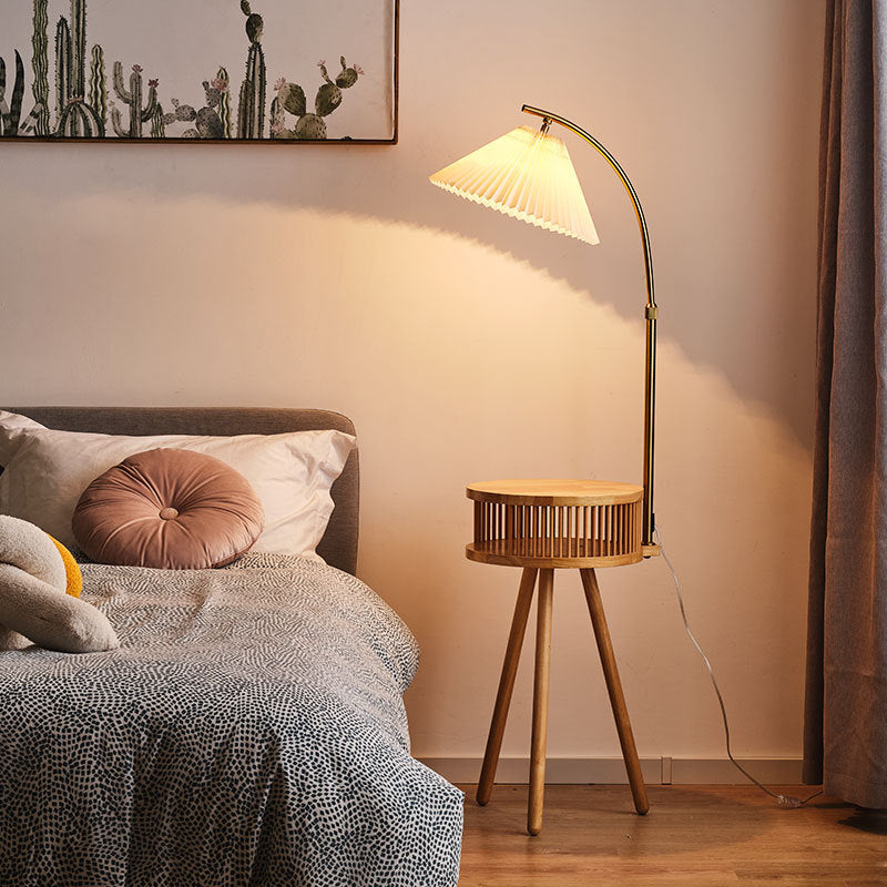 Traditional Japanese Fabric Wood Conic Pleated Round Shelf 1-Light Standing Floor Lamp For Living Room