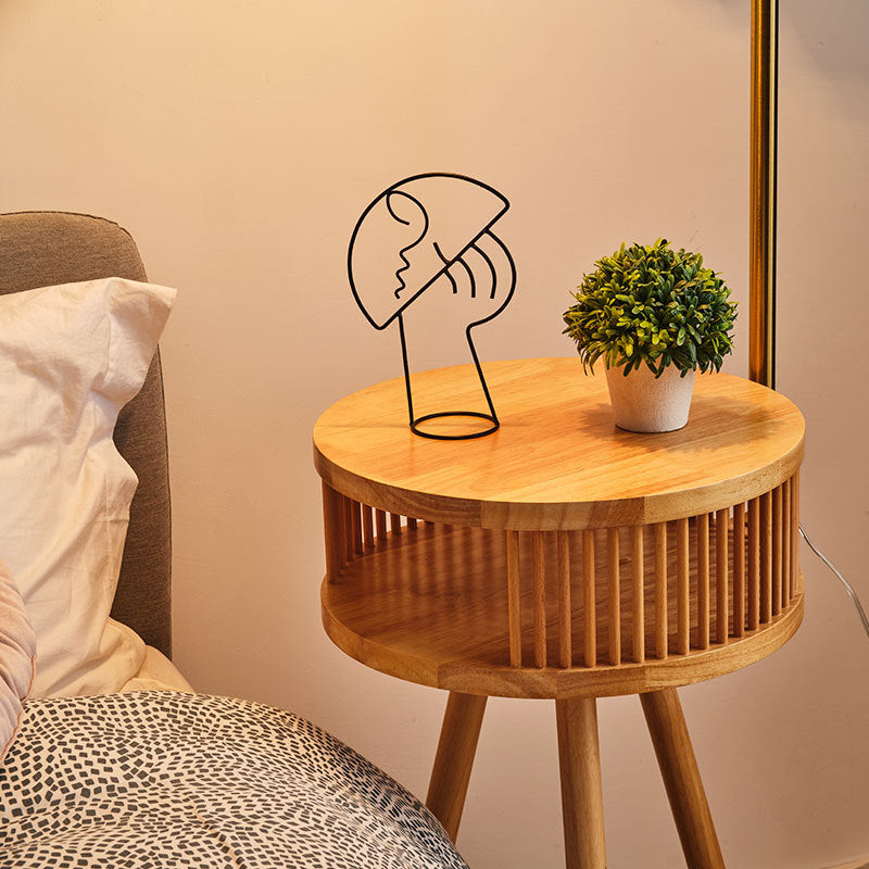 Traditional Japanese Fabric Wood Conic Pleated Round Shelf 1-Light Standing Floor Lamp For Living Room