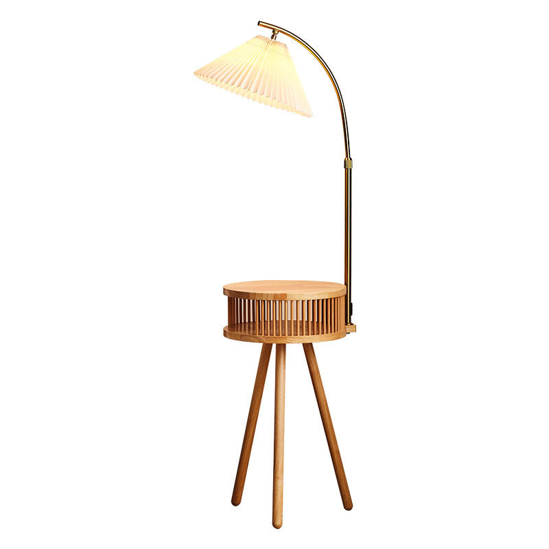 Traditional Japanese Fabric Wood Conic Pleated Round Shelf 1-Light Standing Floor Lamp For Living Room