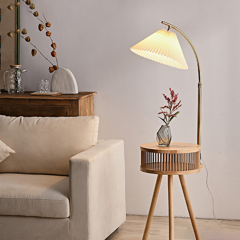 Traditional Japanese Fabric Wood Conic Pleated Round Shelf 1-Light Standing Floor Lamp For Living Room