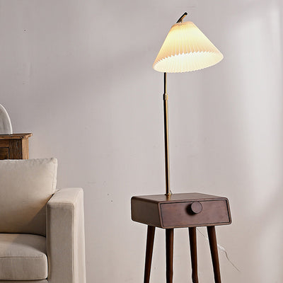 Traditional Japanese Fabric Wood Conic Pleated Round Shelf 1-Light Standing Floor Lamp For Living Room