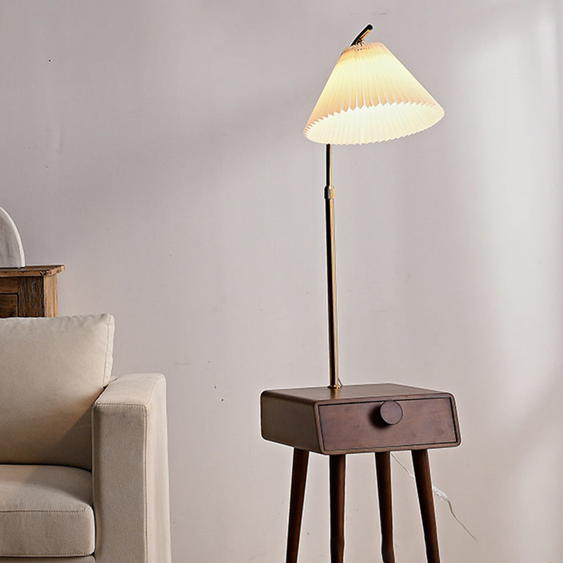 Traditional Japanese Fabric Wood Conic Pleated Round Shelf 1-Light Standing Floor Lamp For Living Room