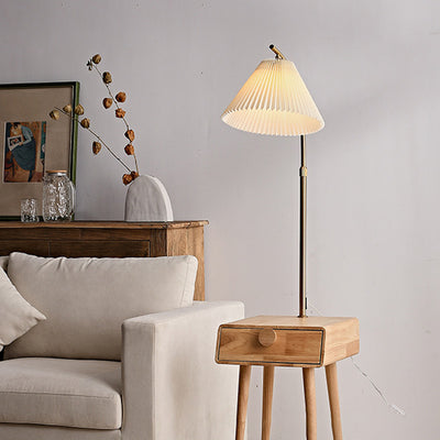 Traditional Japanese Fabric Wood Conic Pleated Round Shelf 1-Light Standing Floor Lamp For Living Room