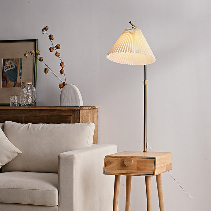 Traditional Japanese Fabric Wood Conic Pleated Round Shelf 1-Light Standing Floor Lamp For Living Room