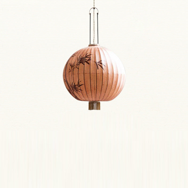Lanterne en métal en tissu chinois traditionnel cylindre boule feuilles de bambou 1 lumière suspension pour salle à manger 