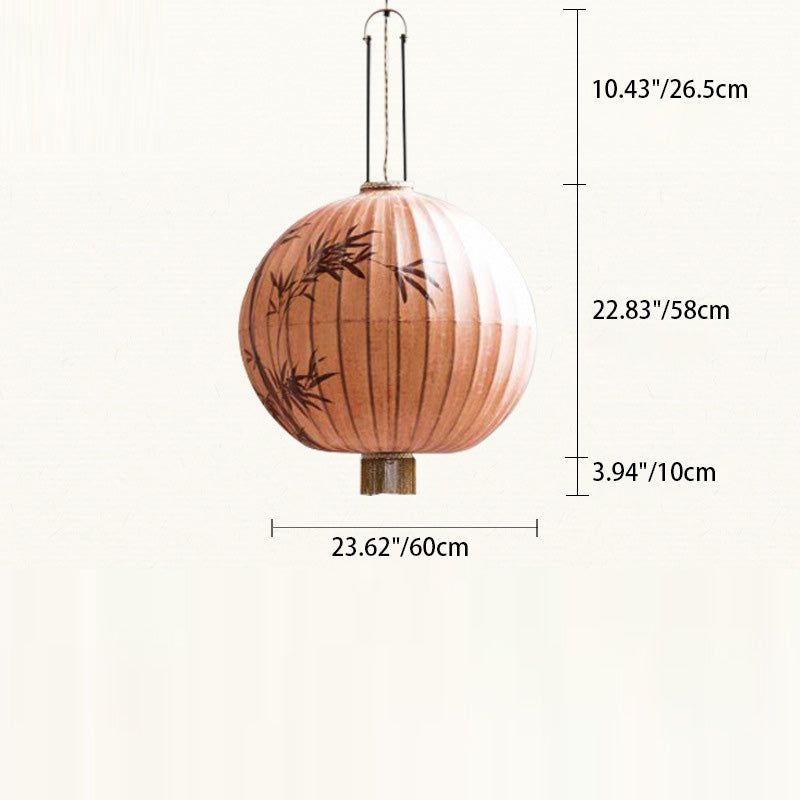 Lanterne en métal en tissu chinois traditionnel cylindre boule feuilles de bambou 1 lumière suspension pour salle à manger 