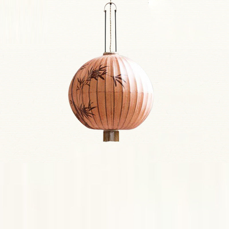 Lanterne en métal en tissu chinois traditionnel cylindre boule feuilles de bambou 1 lumière suspension pour salle à manger 