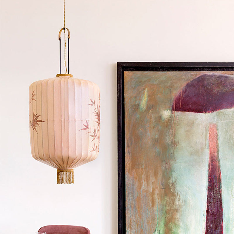Lanterne en métal en tissu chinois traditionnel cylindre boule feuilles de bambou 1 lumière suspension pour salle à manger 