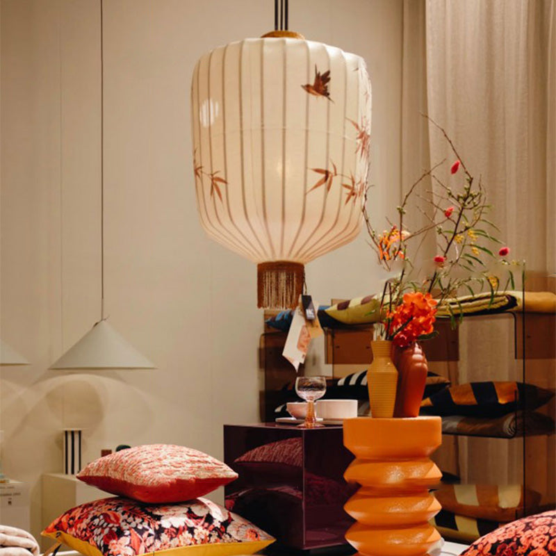 Lanterne en métal en tissu chinois traditionnel cylindre boule feuilles de bambou 1 lumière suspension pour salle à manger 