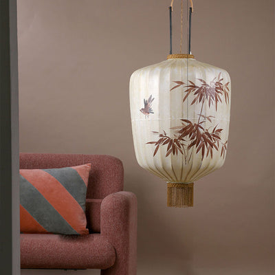 Lanterne en métal en tissu chinois traditionnel cylindre boule feuilles de bambou 1 lumière suspension pour salle à manger 