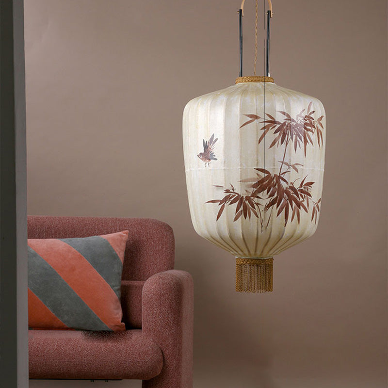Lanterne en métal en tissu chinois traditionnel cylindre boule feuilles de bambou 1 lumière suspension pour salle à manger 