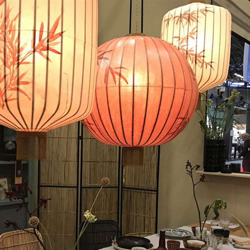 Lanterne en métal en tissu chinois traditionnel cylindre boule feuilles de bambou 1 lumière suspension pour salle à manger 