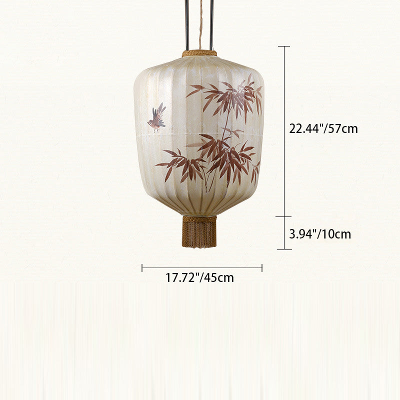 Lanterne en métal en tissu chinois traditionnel cylindre boule feuilles de bambou 1 lumière suspension pour salle à manger 