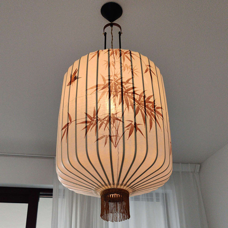 Lanterne en métal en tissu chinois traditionnel cylindre boule feuilles de bambou 1 lumière suspension pour salle à manger 