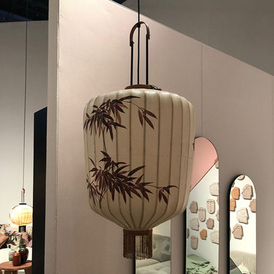 Lanterne en métal en tissu chinois traditionnel cylindre boule feuilles de bambou 1 lumière suspension pour salle à manger 