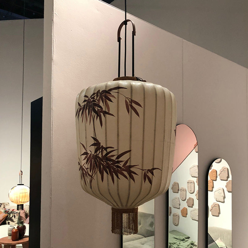 Lanterne en métal en tissu chinois traditionnel cylindre boule feuilles de bambou 1 lumière suspension pour salle à manger 