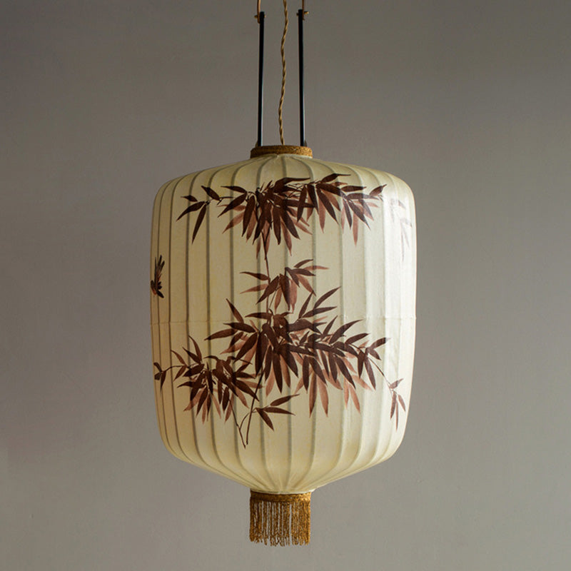 Lanterne en métal en tissu chinois traditionnel cylindre boule feuilles de bambou 1 lumière suspension pour salle à manger 