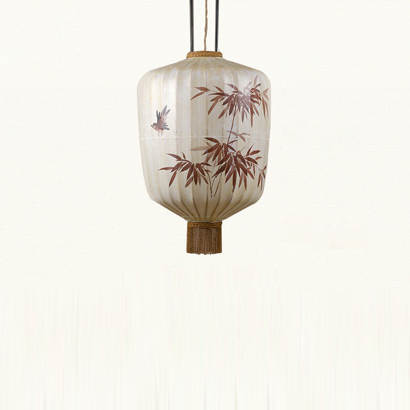 Lanterne en métal en tissu chinois traditionnel cylindre boule feuilles de bambou 1 lumière suspension pour salle à manger 