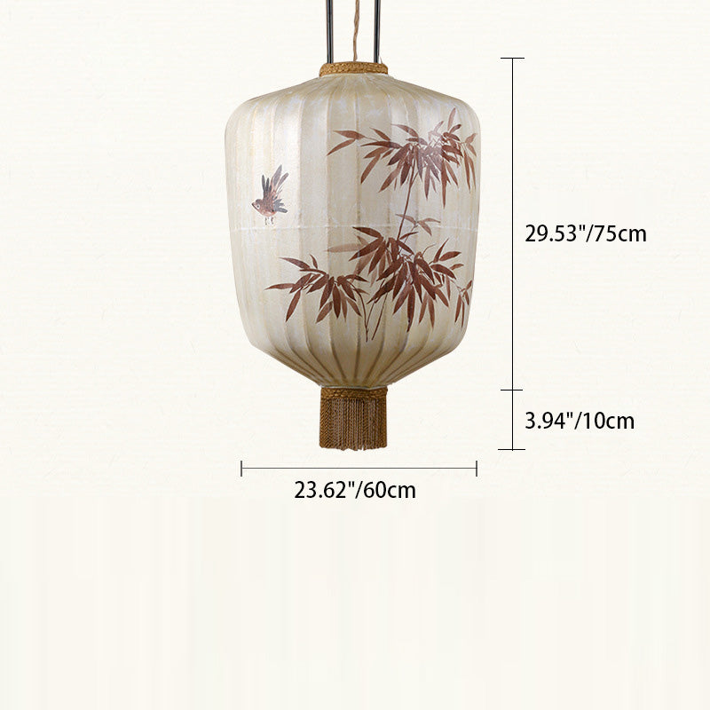 Lanterne en métal en tissu chinois traditionnel cylindre boule feuilles de bambou 1 lumière suspension pour salle à manger 