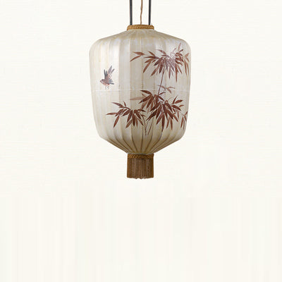 Lanterne en métal en tissu chinois traditionnel cylindre boule feuilles de bambou 1 lumière suspension pour salle à manger 