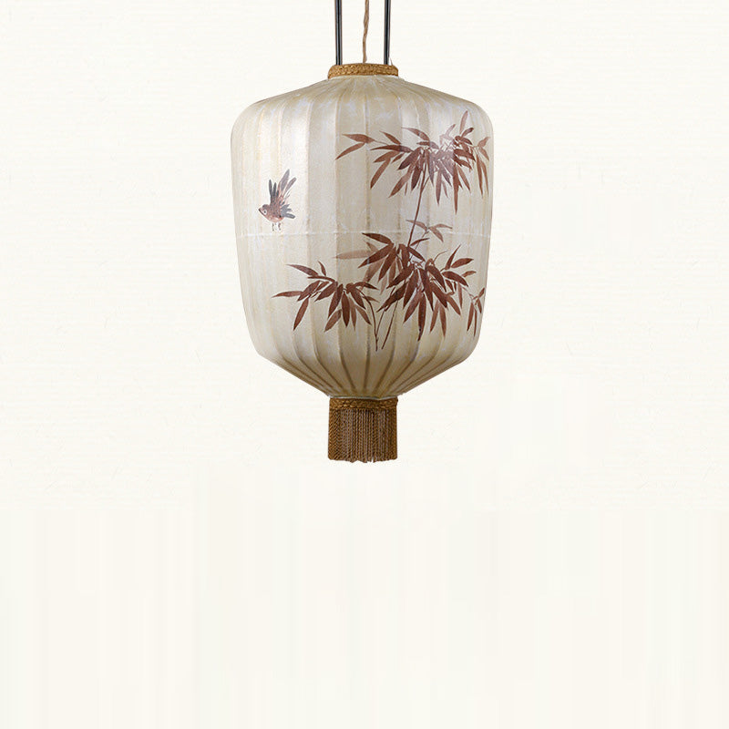 Lanterne en métal en tissu chinois traditionnel cylindre boule feuilles de bambou 1 lumière suspension pour salle à manger 