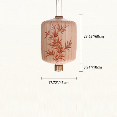 Lanterne en métal en tissu chinois traditionnel cylindre boule feuilles de bambou 1 lumière suspension pour salle à manger 