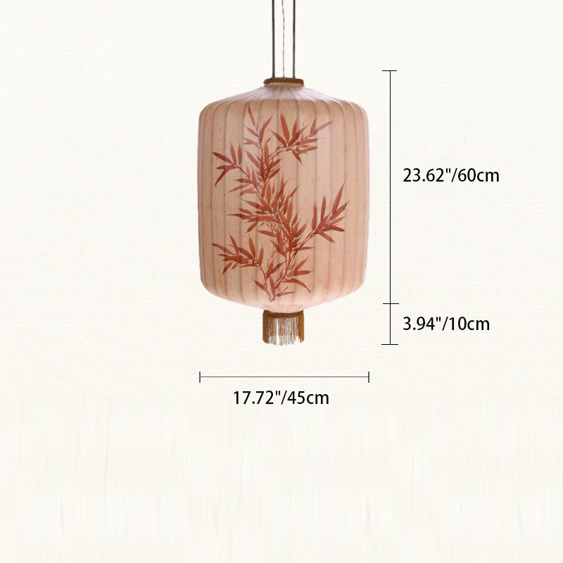 Lanterne en métal en tissu chinois traditionnel cylindre boule feuilles de bambou 1 lumière suspension pour salle à manger 