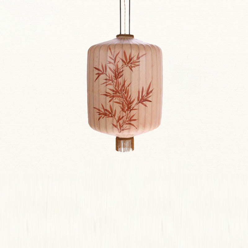 Lanterne en métal en tissu chinois traditionnel cylindre boule feuilles de bambou 1 lumière suspension pour salle à manger 