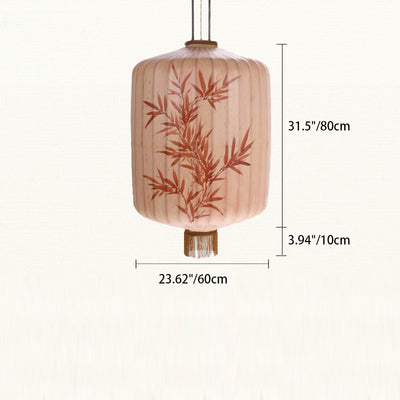 Lanterne en métal en tissu chinois traditionnel cylindre boule feuilles de bambou 1 lumière suspension pour salle à manger 