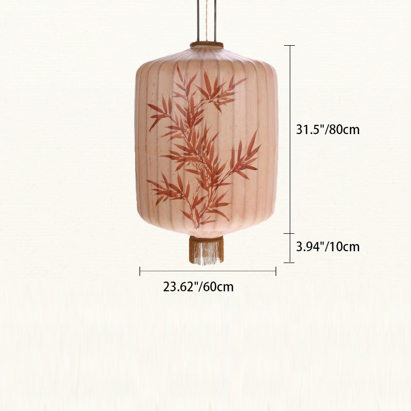 Lanterne en métal en tissu chinois traditionnel cylindre boule feuilles de bambou 1 lumière suspension pour salle à manger 