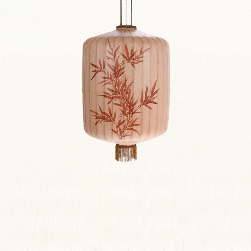 Lanterne en métal en tissu chinois traditionnel cylindre boule feuilles de bambou 1 lumière suspension pour salle à manger 