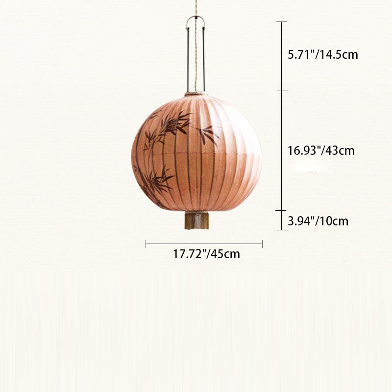 Lanterne en métal en tissu chinois traditionnel cylindre boule feuilles de bambou 1 lumière suspension pour salle à manger 