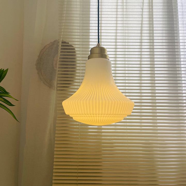 Suspension Luminaire à Une Lumière en Verre et Laiton Traditionnel Français avec Rayure pour Salle à Manger 