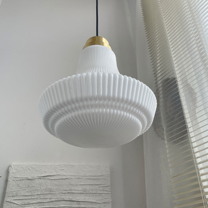Suspension Luminaire à Une Lumière en Verre et Laiton Traditionnel Français avec Rayure pour Salle à Manger 