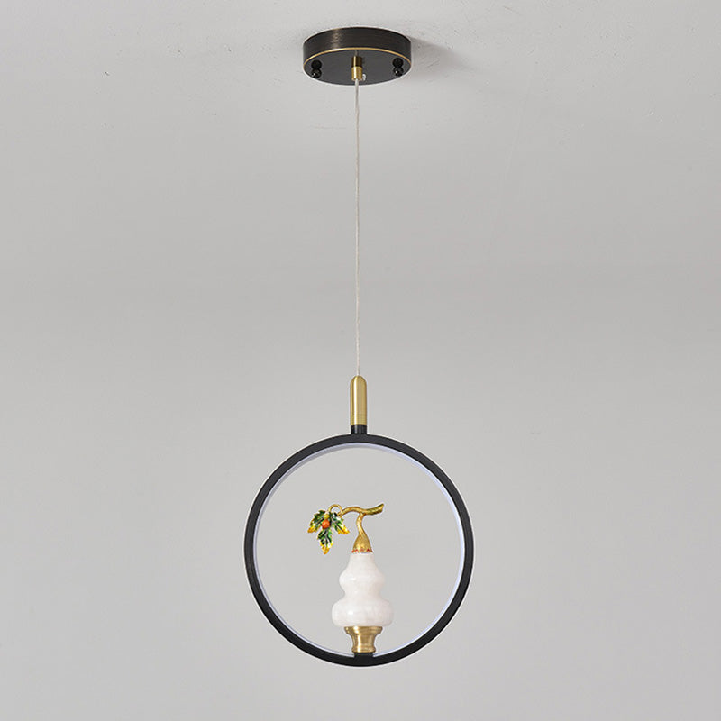 Lustre à LED en forme de gourde en alliage de zinc, cuivre, marbre et traditionnel chinois rond elliptique pour salle à manger 