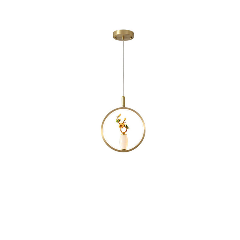 Lustre à LED en forme de gourde en alliage de zinc, cuivre, marbre et traditionnel chinois rond elliptique pour salle à manger 