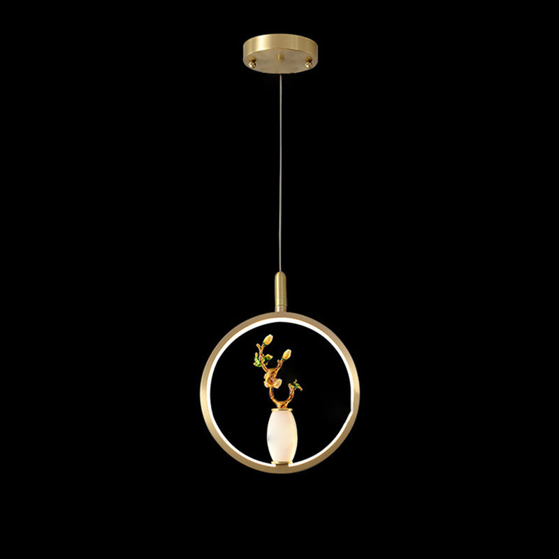 Lustre à LED en forme de gourde en alliage de zinc, cuivre, marbre et traditionnel chinois rond elliptique pour salle à manger 