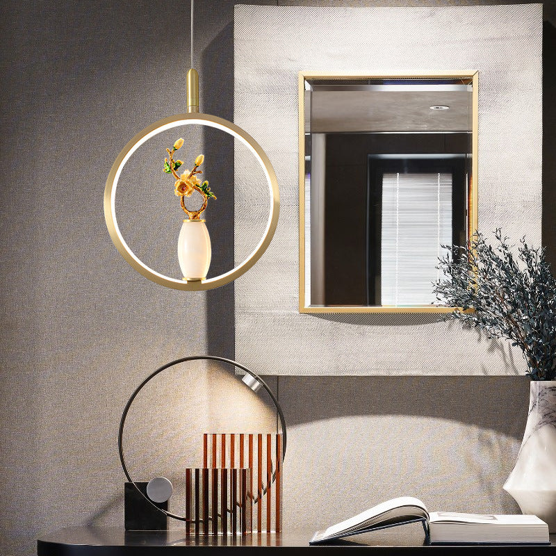 Lustre à LED en forme de gourde en alliage de zinc, cuivre, marbre et traditionnel chinois rond elliptique pour salle à manger 