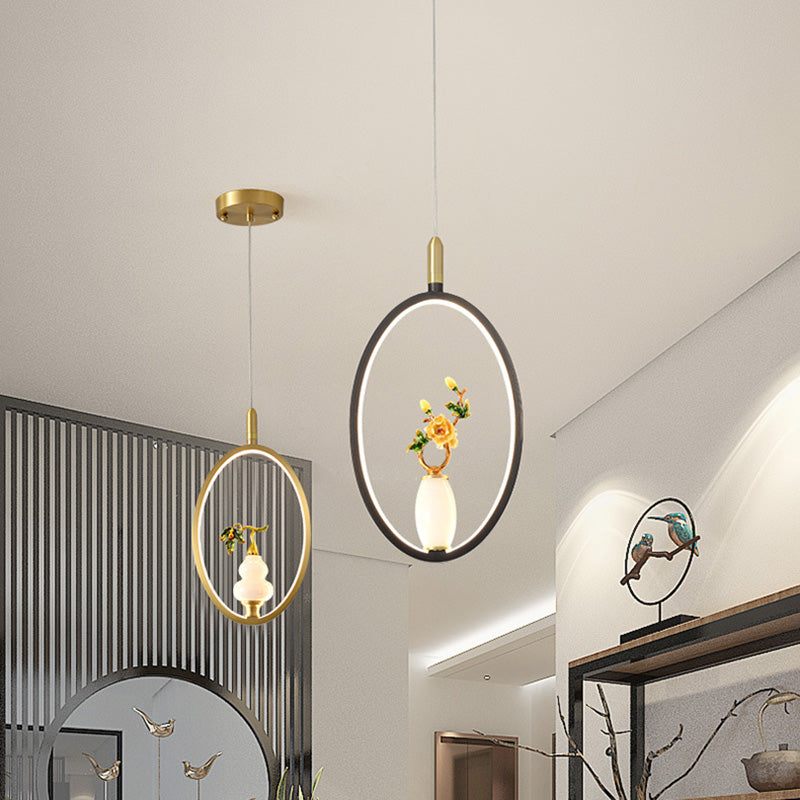 Lustre à LED en forme de gourde en alliage de zinc, cuivre, marbre et traditionnel chinois rond elliptique pour salle à manger 