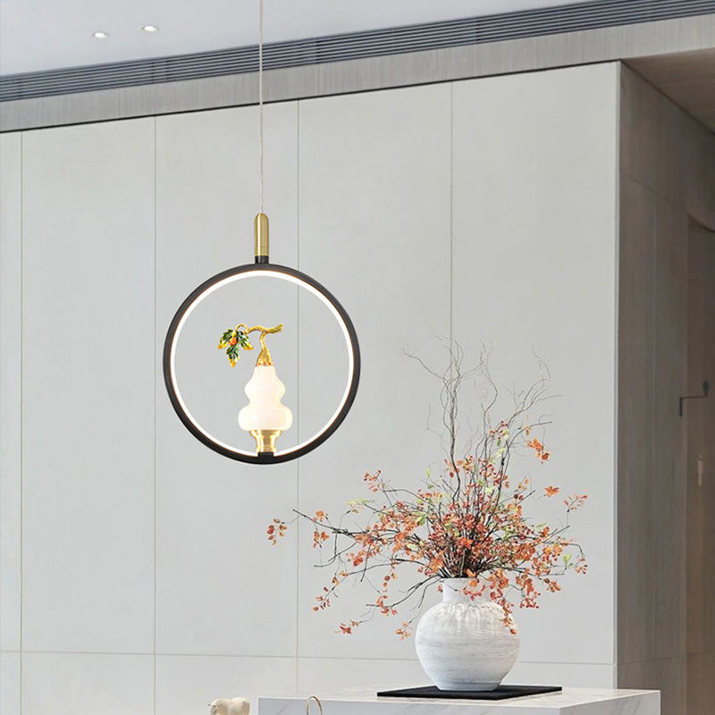 Lustre à LED en forme de gourde en alliage de zinc, cuivre, marbre et traditionnel chinois rond elliptique pour salle à manger 